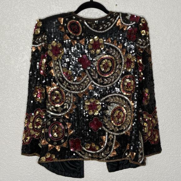 Vintage 90’s Scala Sequined Beaded Silk Jacket Black Gold Pink Size MP - Picture 3 of 7